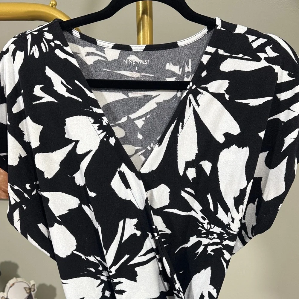 Nine West Black and White Floral Midi Faux Wrap Dress - Picture 4 of 8